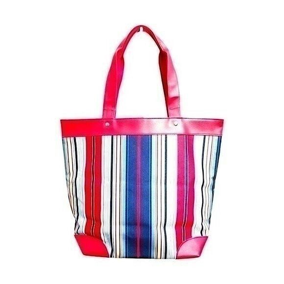 Lancome Red Multi Colored Stripe Beach Tote Book Bag  10 0099 - Picture 1 of 5